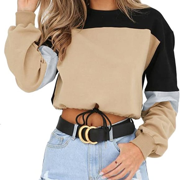 Tops - Color Block Adjustable Draw String Cropped Top